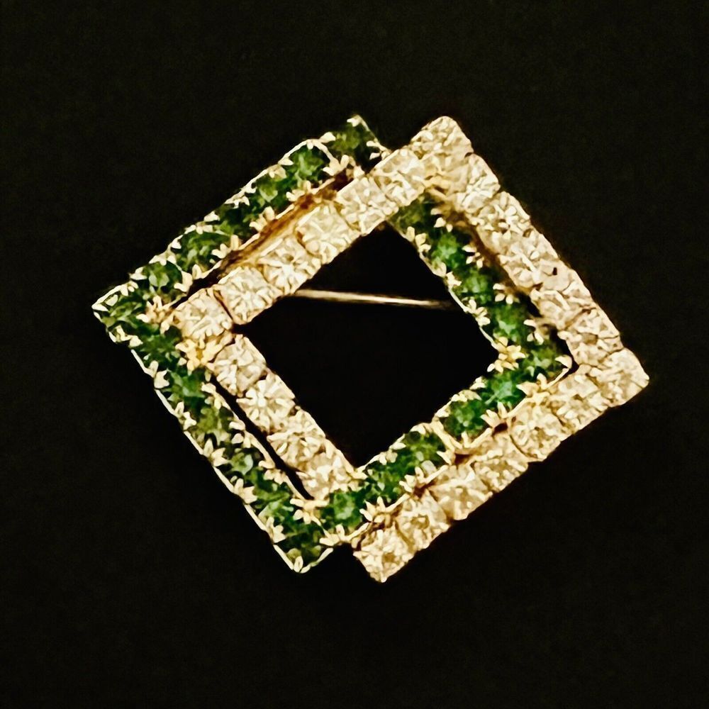 Vintage Brooch Green Crystal Rhinestones Gold Interlocking Squares Art Deco 1442
